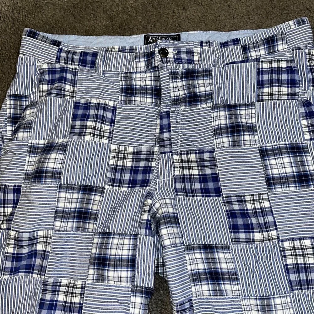 AMERICAN LIVING Madras Blue Plaid Real Sewn Patchwork Shorts - Preppy - Men's 38